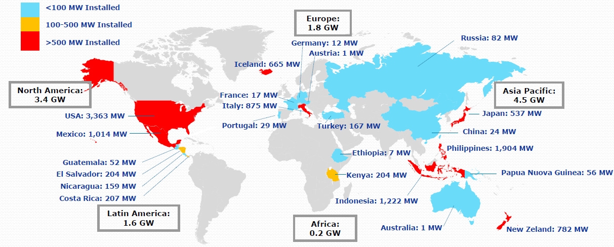 그림 6.1.1. 2013년 상반기 현재 전 세계 지열발전 용량 분포도