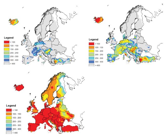 그림 6.1.2. 유럽에서 2020년, 2030년 및 2050년의(왼쪽 위부터) 경제적 잠재량을 평가하기 위한 42개국의 EGS 지열발전 최소 LCOE 분포도.