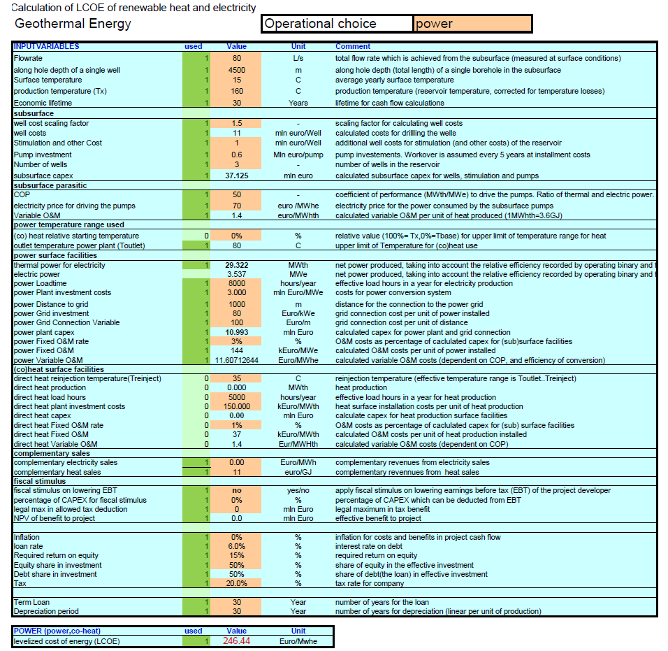 그림 6.1.3. GeoElec에서 제공하는 지열발전의 간편한 LCOE 계산 spreadsheet의 예(Van Wees et al., 2013). GeoElec 홈페이지에서 on-line으로 사용 가능하며 미국 에너지부의 GETEM에 비해 간편하게 LCOE를 추정