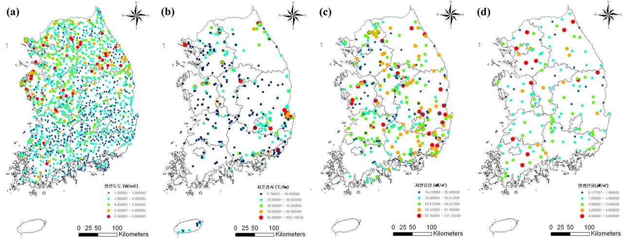 그림 1.2. 남한의 암석 열전도도(a), 지온경사(b), 지열류량(c), 열생산율(d)