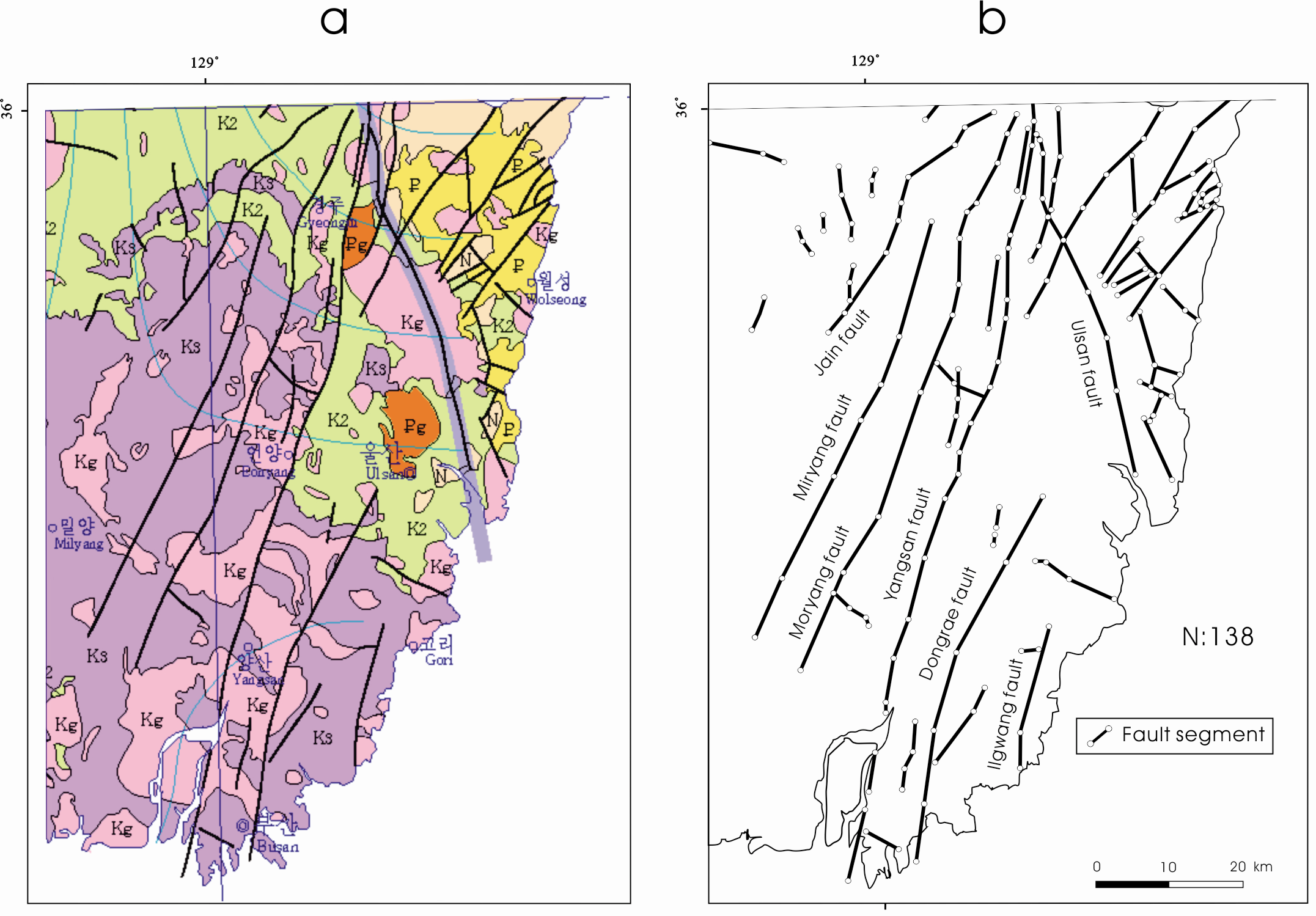 그림 3.2.1.2. 백악기 및 제3기 암류에서 발달하는 단층분절의 도출. (a) 축척 1:1,000.000의 광역 지질도(KIGAM, 1995), (b) 7개 주요 단층 및 기타 소단층에서 도출한 단층분절(N:138)의 스케치