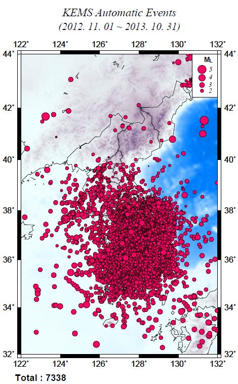 2012. 11. 1 ～ 2013. 10. 31 기간 동안 자동분석된 한반도 주변 이벤트 분포도