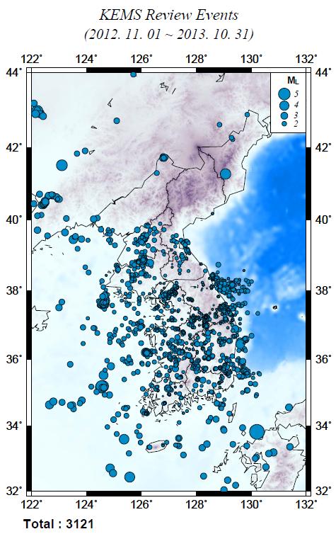 2012. 11. 1 ∼ 2013. 10. 31 기간 동안 전문분석자에 의해 분석된 한반도 주변 이벤트 분포도