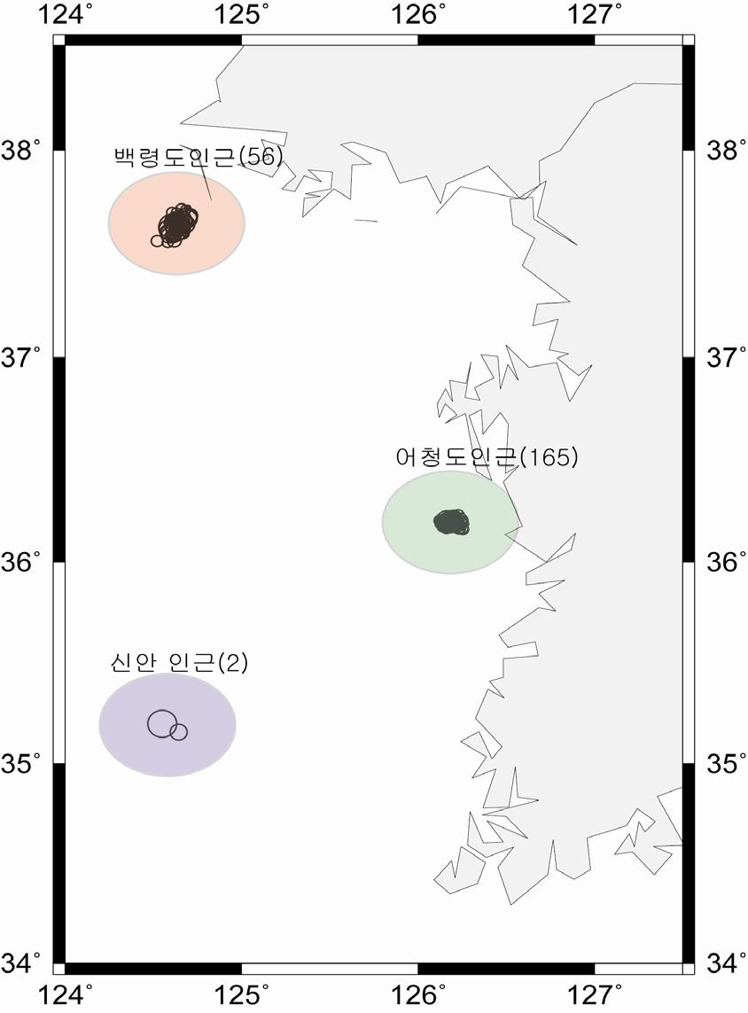 백령도, 어청도, 신안 인근지역 지진 분포