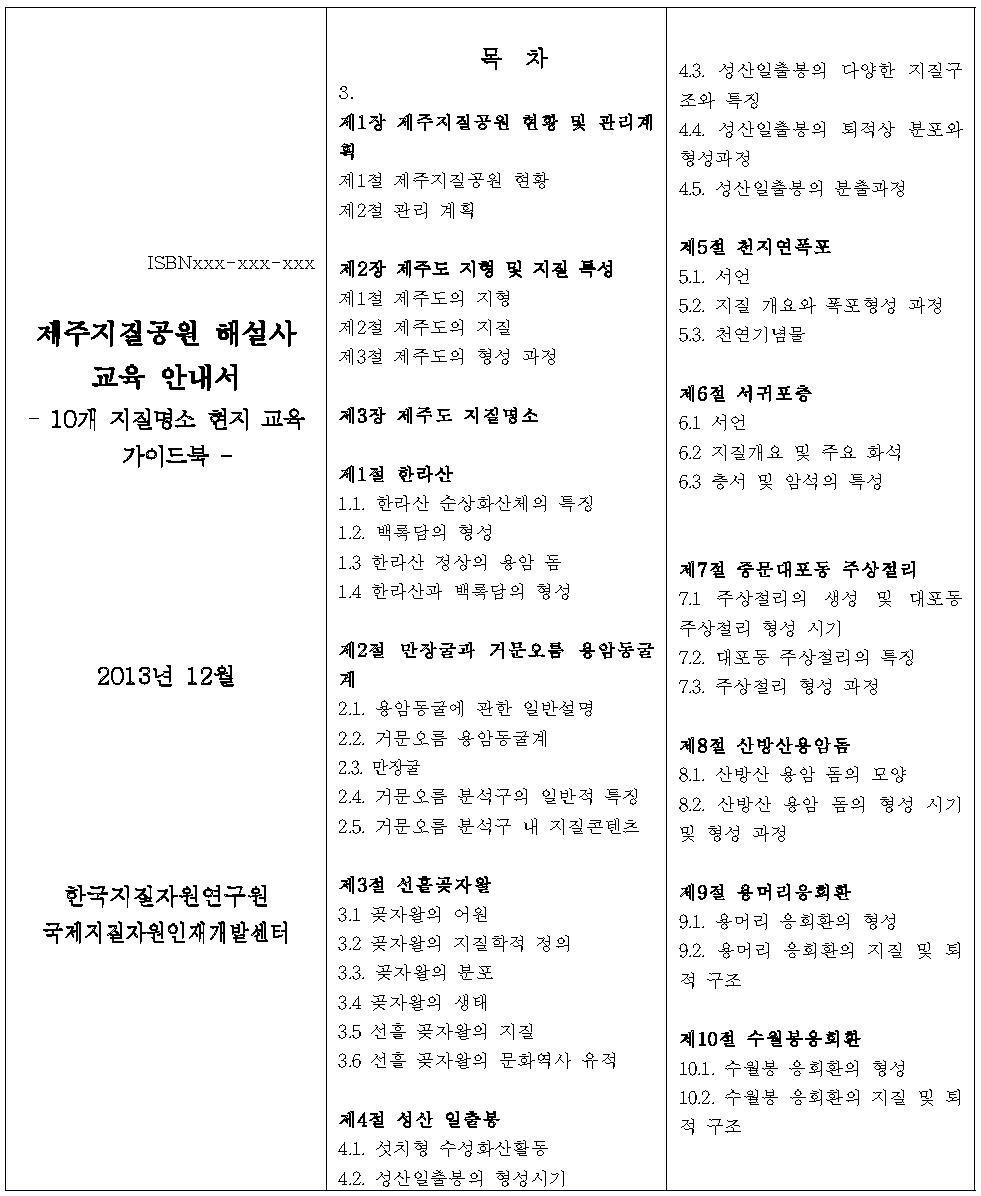 지질공원해설사 현지해설 실무교재(제주도)의 표지 및 목차.