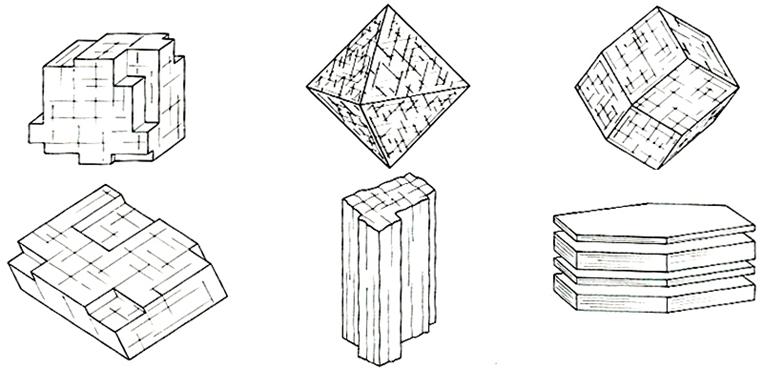 벽개의 여러형태 (왼쪽 상위부터 시계방향으로 길다란 육면체형, 팔면체형,십이면체형, 능면체형, 주상형, 탁상형 벽개)