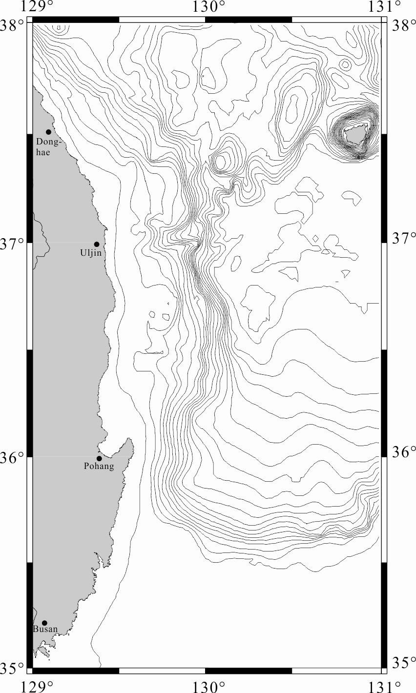 동해 연근해 및 울릉분지의해저지형. 등심선의 간격은 100 m.