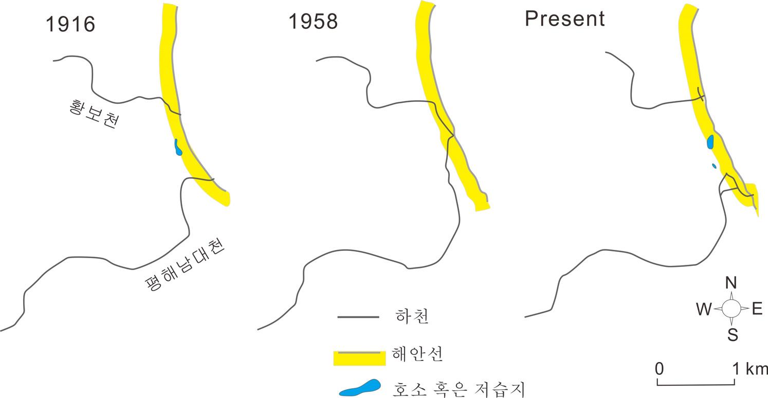 Fig. 3-69. 시대별 하천의 유로 변화에 따른 사구 습지의 지형변화 양상