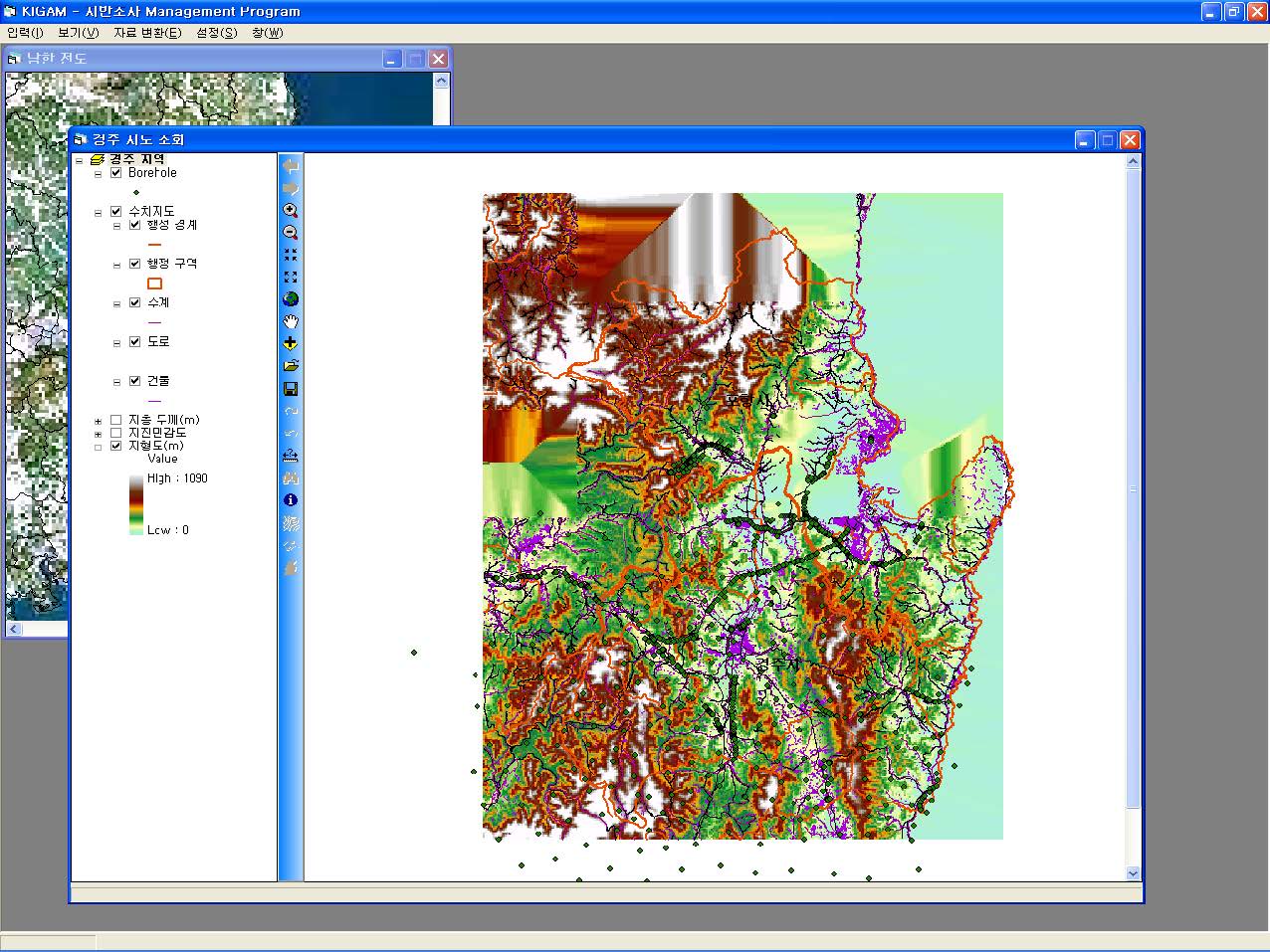 그림 3.2.22. 경주-포항 지역 지반 DB 관리 시스템의 자료 분포 화면