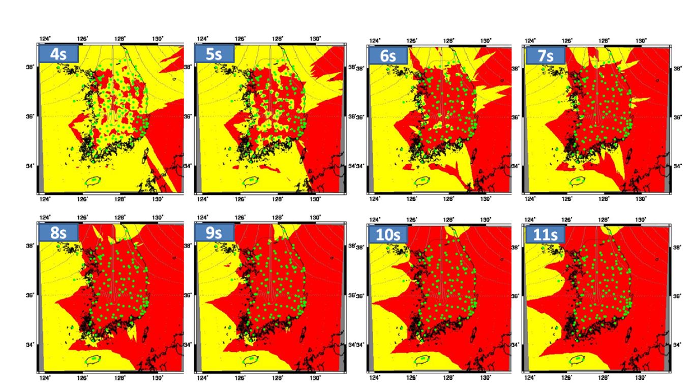 그림 3.3.6. 8개 관측소 이용 지진 감지 시 소요시간 및 관측 범위