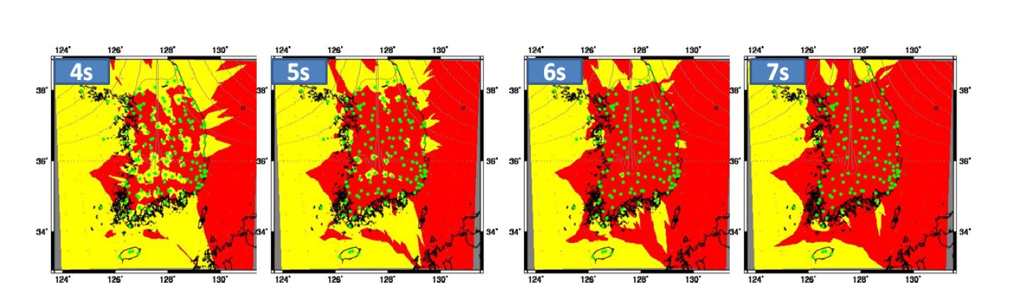 그림 3.3.7. 6개 관측소 이용 지진 감지 시 소요시간 및 관측범위