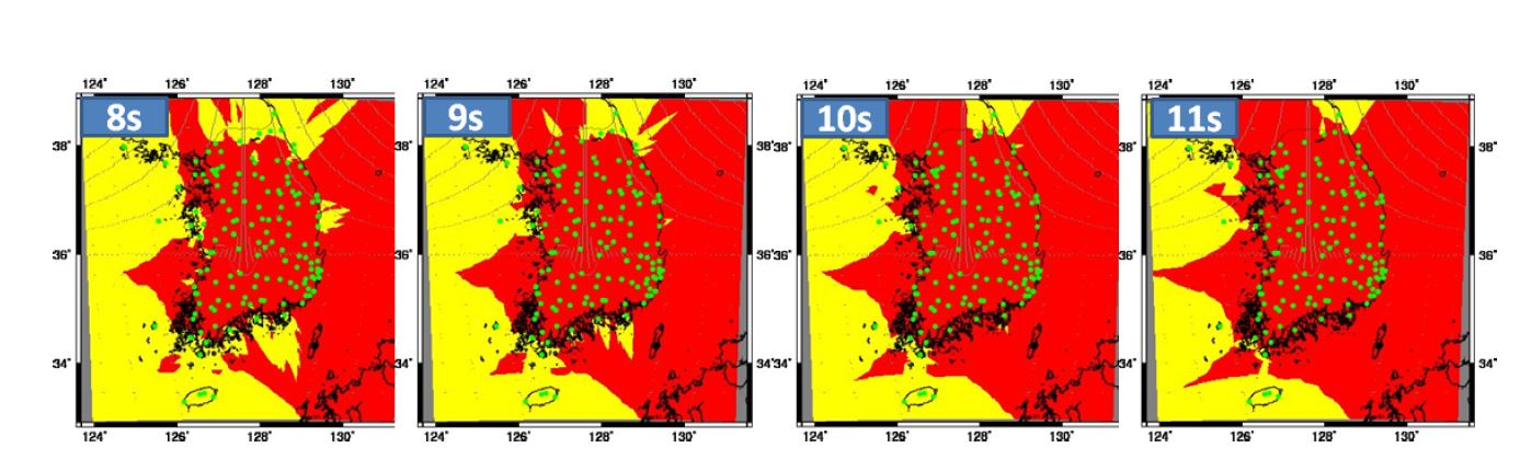 그림 3.3.8. 10개 관측소 이용 지진 감지 시 소요시간 및 관측범위