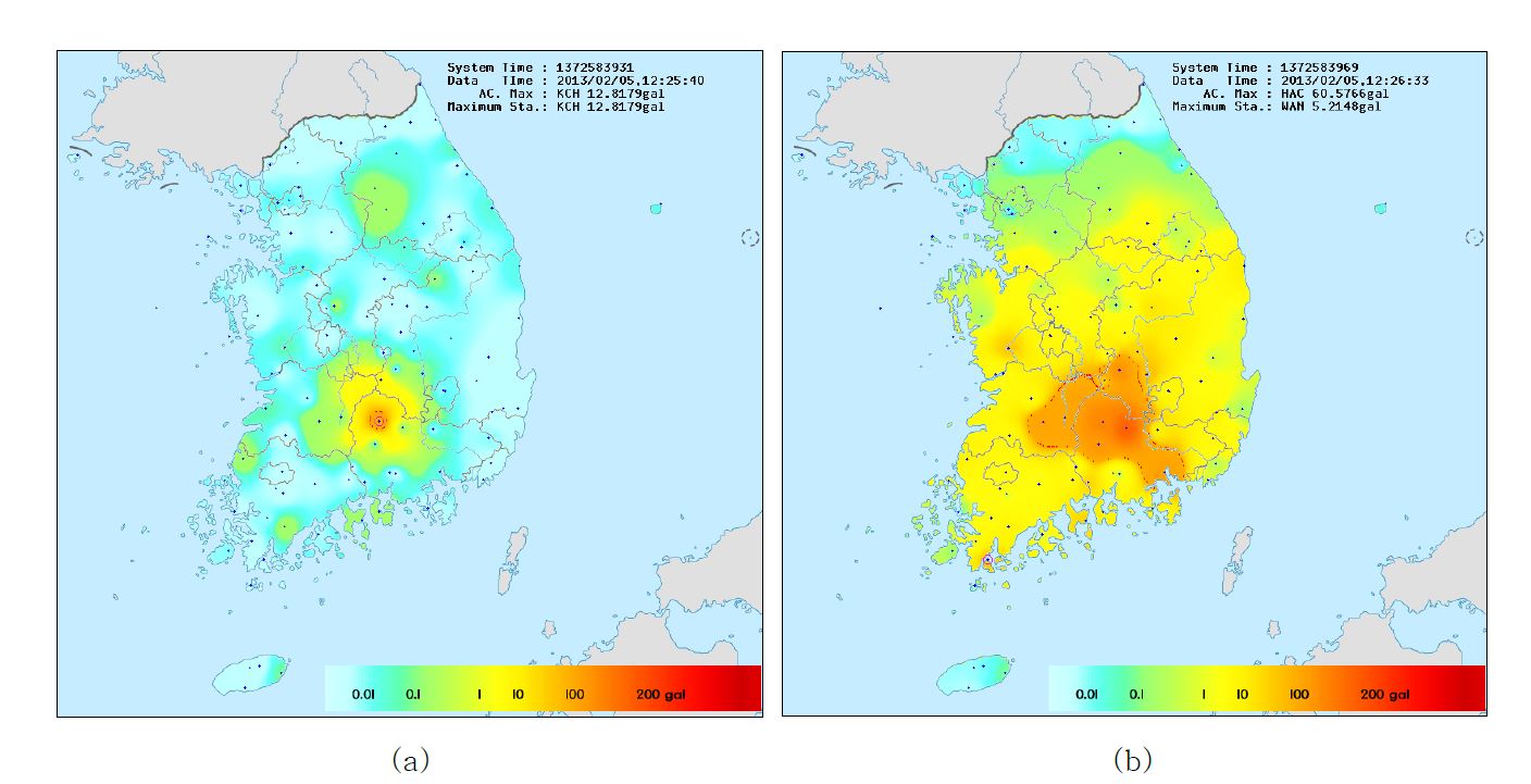 그림 3.3.25. 2013년 2월 5일 규모 3.5의 거창 지진 자료의 PGA를 이용한 진도도 (a) 최초 관측소에서의 지진동 감지시, (b) 지진 발생 후 30초 이후의 진도도