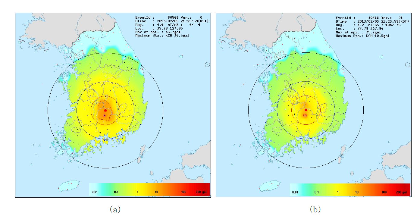 그림 3.3.28. 2013/02/05 규모 3.5(기상청) 거창 지진의 지진요소 결정 버전별 예상 진도도. (a) 최초 지진요소(규모 4.6) 결정 시(4개 관측소 이용, Version 0) 예상 진도도, (b) 최종 지진요소(규모 4.2) 결정 시(75개 관측소 이용, Version 28) 예상 진도도