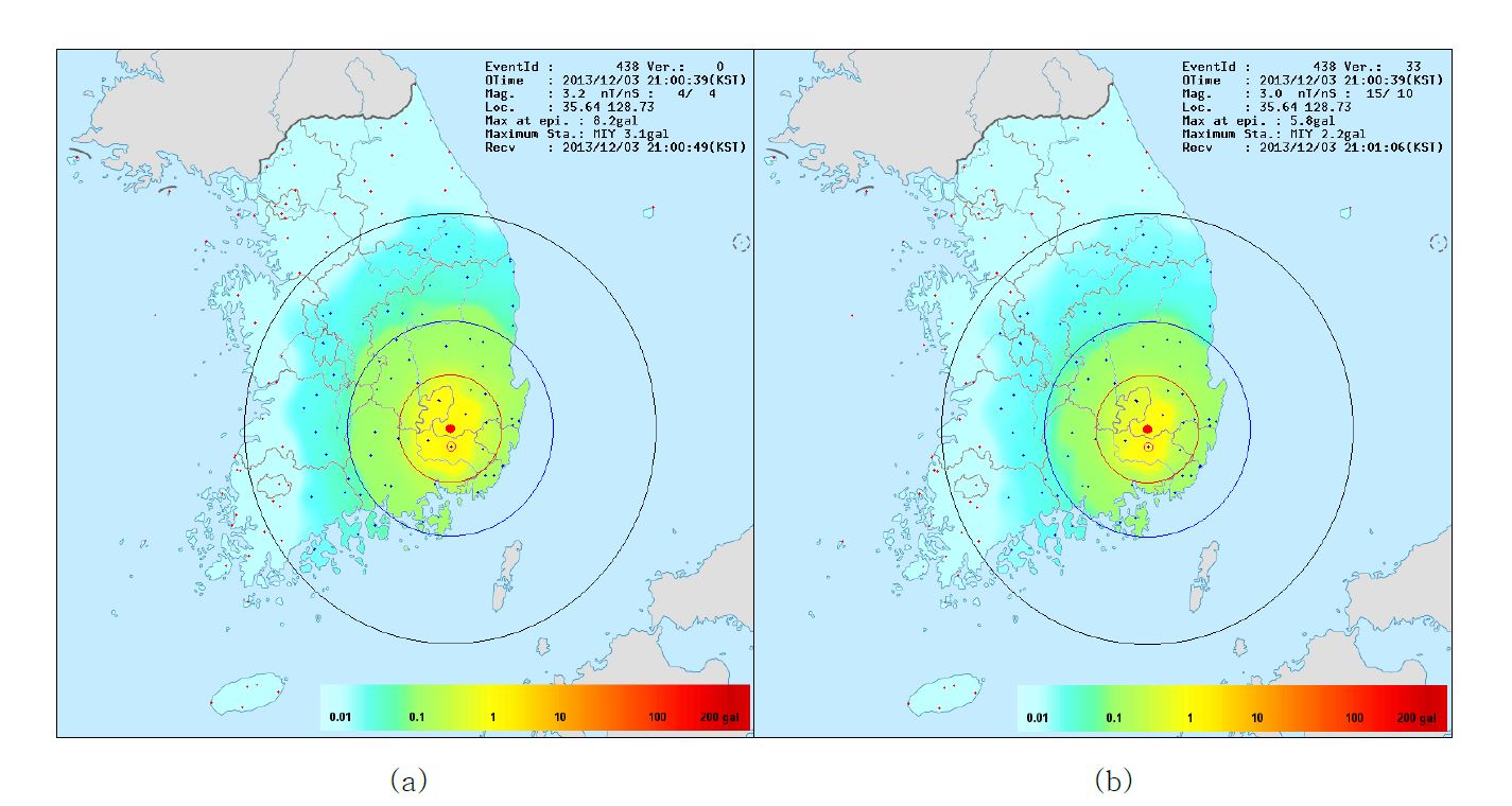 그림 3.3.29. 2013/12/03 규모 2.5(기상청) 청도 지진의 실시간 예상 진도도. (a) 최초 지진요소(규모 3.2) 결정 시(4개 관측소 이용, Version 0) 예상 진도도, (b) 최종 지진요소(규모 3.0) 결정 시(10개 관측소 이용, Version 33) 예상 진도도