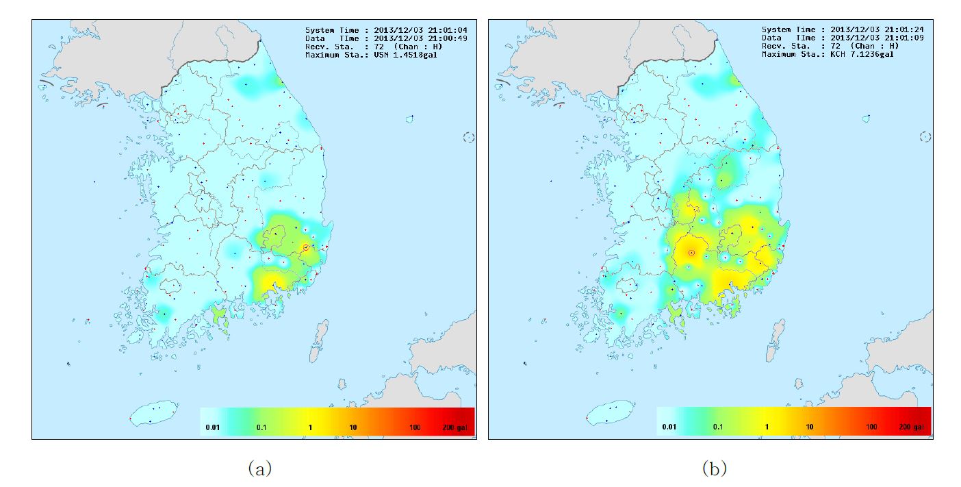 그림 3.3.30. 2013/12/03 규모 2.5(기상청) 청도 지진의 실측 자료 기반 진도도. (a) 지진 발생 후 10초 경과 시 실시간 진도도, (b) 지진 발생 후 30초 동안의 누적 진도도