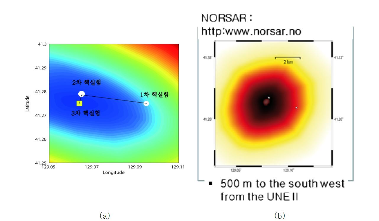 그림 3.4.2. 3차 핵실험의 상대적 위치 (a) KIGAM (b) NORSAR