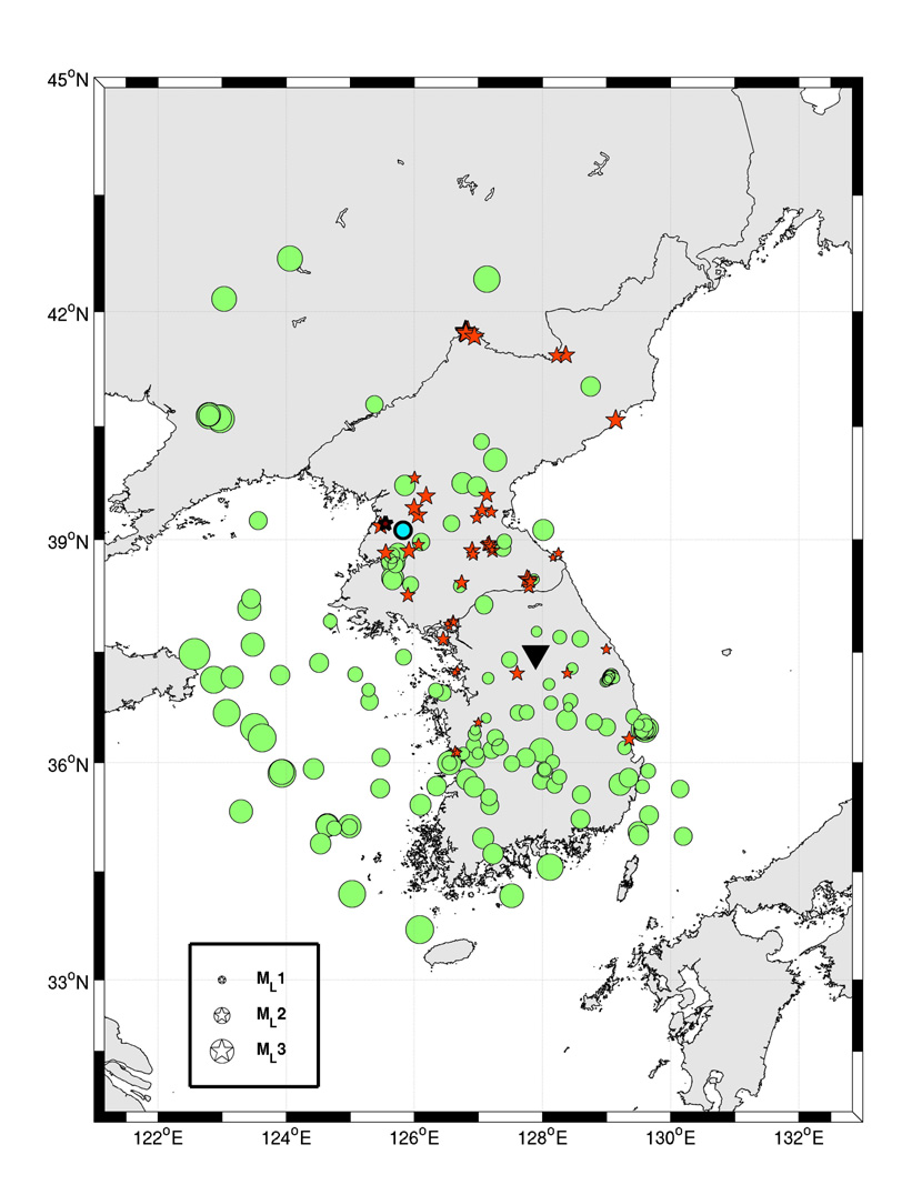 그림 3.4.22. 자연지진(녹색 원) 표본집단과 인공지진(빨간색 별) 표본집단을 표시한 지도