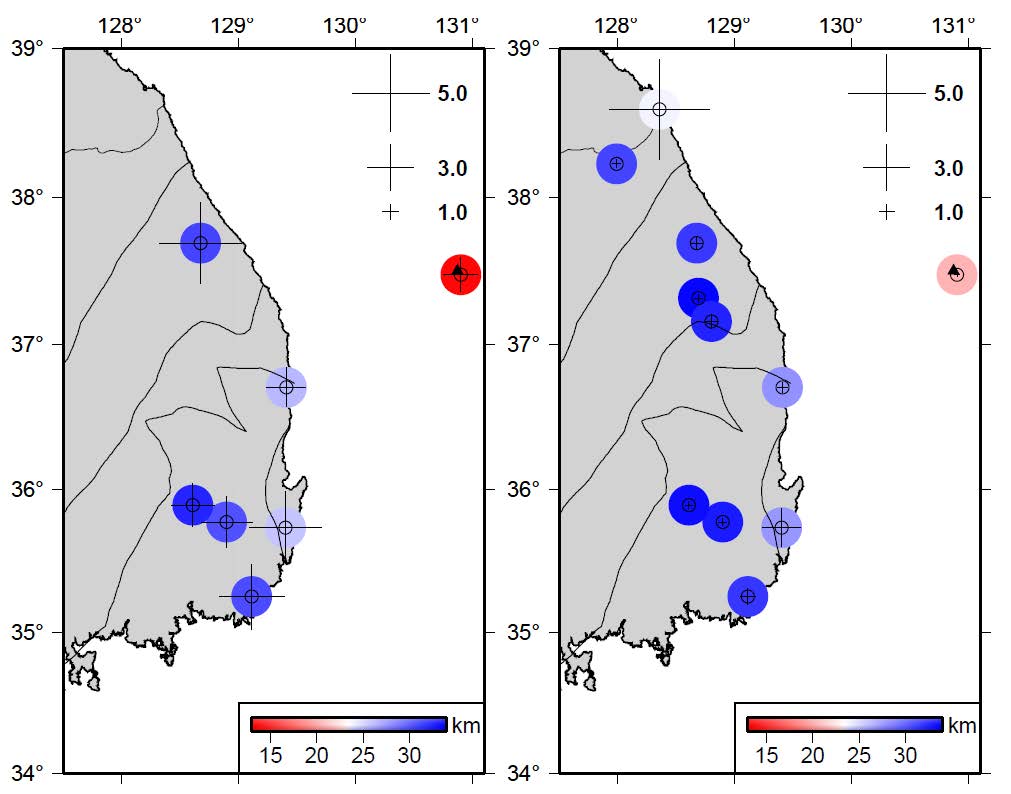 그림 3.5.19. 지각두께의 변화, (a) Chang and Bagg (2007)의 결과, (b) 이번 연구결과 (각 원의 십자표시의 크기는 모호면 깊이의 불확실성을 나타냄)