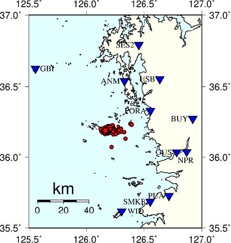그림 3.1.21. 보령해역 연속발생 지진 144 개의 진앙 위치 (KIGAM 수동분석 목록)
