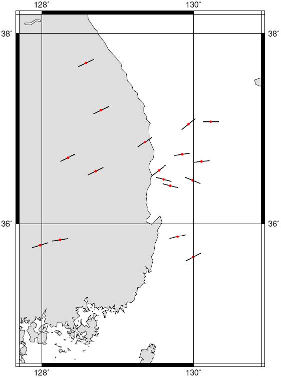 그림 3.1.41. 한반도 동부지역에 발생한 주요 지진이벤트를 이용한 수평 최대 지체 응력 방향