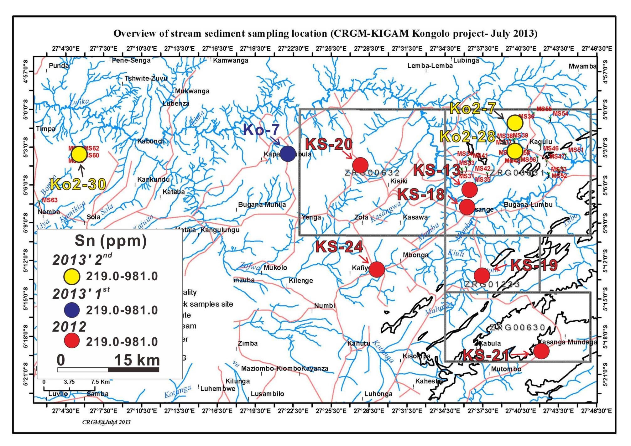 Fig. 2-24. Geochemical anomaly map of Stream sediment sampling results for Sn from Kongolo.