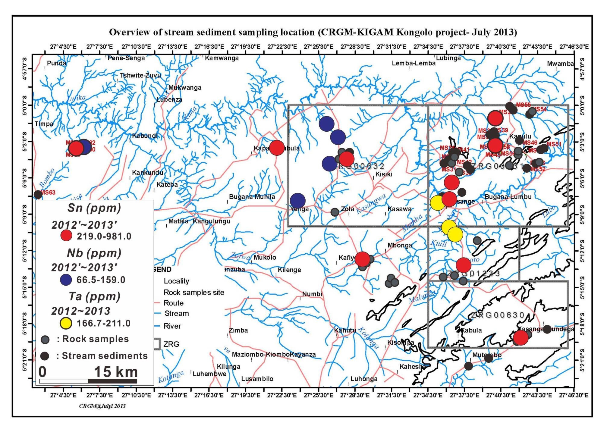 Fig. 2-28. Geochemical anomaly map of Stream sediment sampling results for Sn, Nb, and Ta from Kongolo.