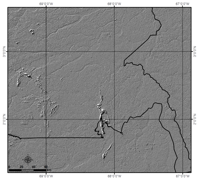 Fig. 3-8. Hillshade map from SRTM on the Guainia.