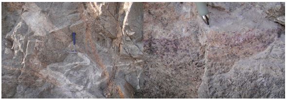 Fig. 4-3. Syenite with aplite, pegmatite(left), and fluorite containing aplite dike(right)