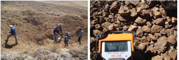 Fig. 4-26. Trench site (left) and britholite ore (right) in Basoren area fluorite mineralized area.