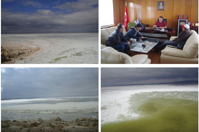 Fig. 4-32. Tuz Gulu salt lake (upper left), conference scene in the Koyuncu company (upper right), salt production pond of Koyuncu company (bottom).
