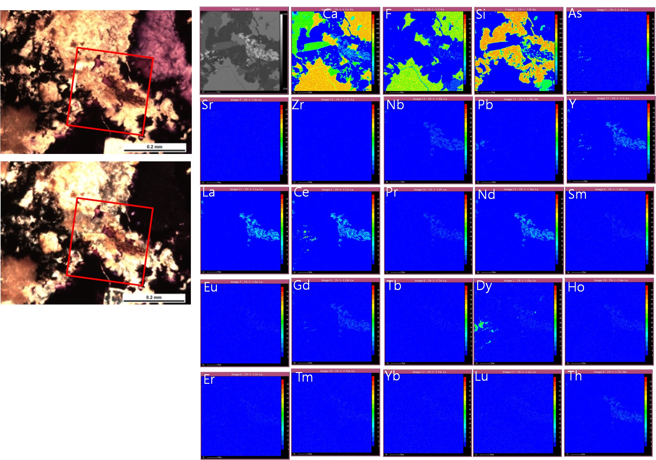 Fig. 4-36. Energy dispersive element distribution maps of a fluorite ore sample.