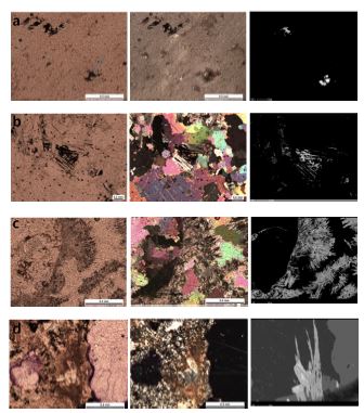 Fig. 4-37. Plane- and cross-polarized light view of microscope images and backscattered electron (BSE) image (from the left) of REE and Th minerals. (a) uranothorianite associated with phlogopite, (b) manganosite with Pb, Dy, Baassociated with phlogopite, (c)-(d) combinations of parisite and synchisite.