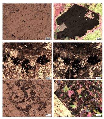 Fig. 4-38. Plane- and cross-polarized light view of microscope images and of REE and Th minerals. (a) phlogopite with uranothorianite, (b) manganosite with Pb, Dy, Ba, (c) combinations of parisite and synchisite.