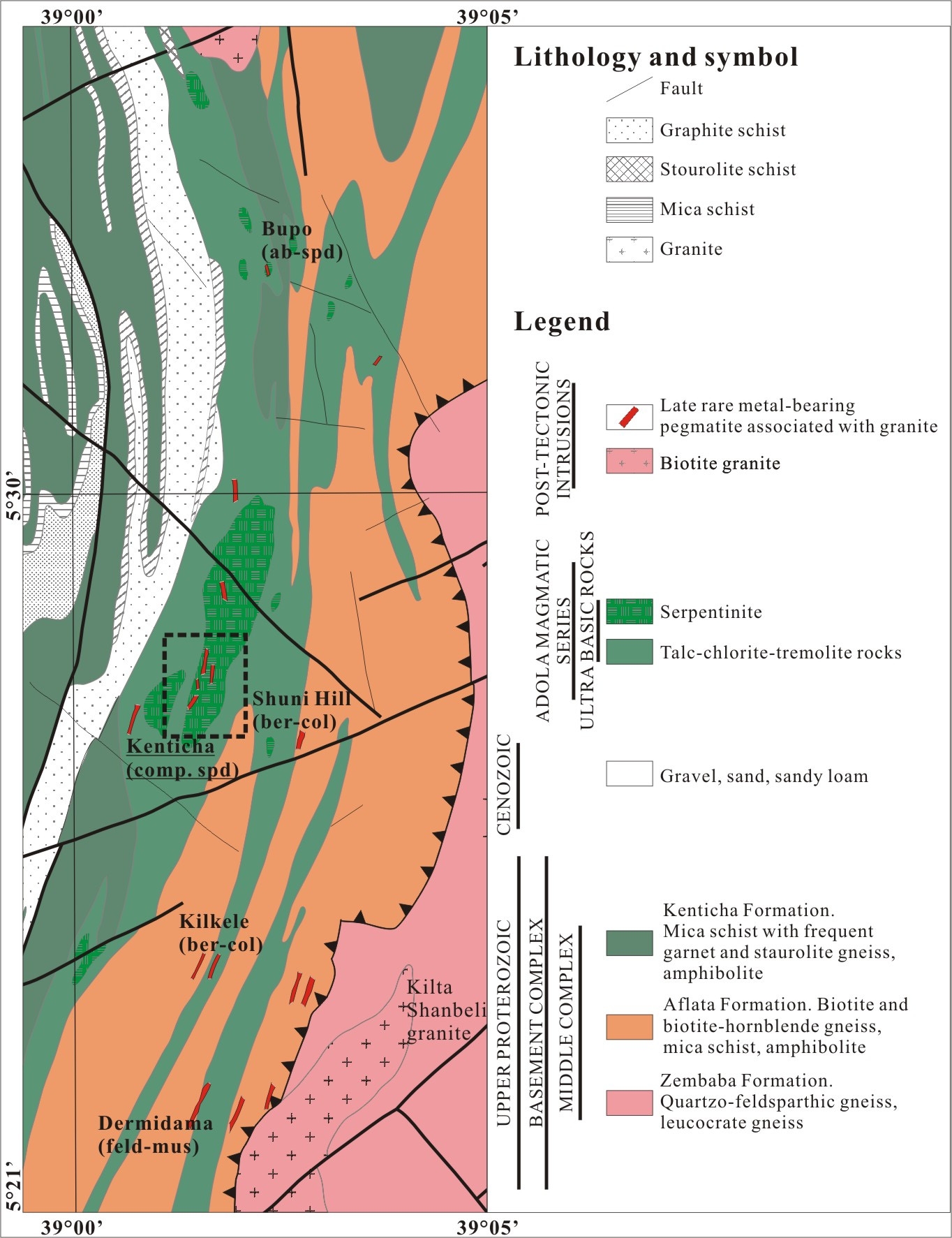 Fig. 1-5. The general geologic map showing the location of various pegmatites in Kenticha pegmatite field (after Ethiopian Mapping Agency, 1988).