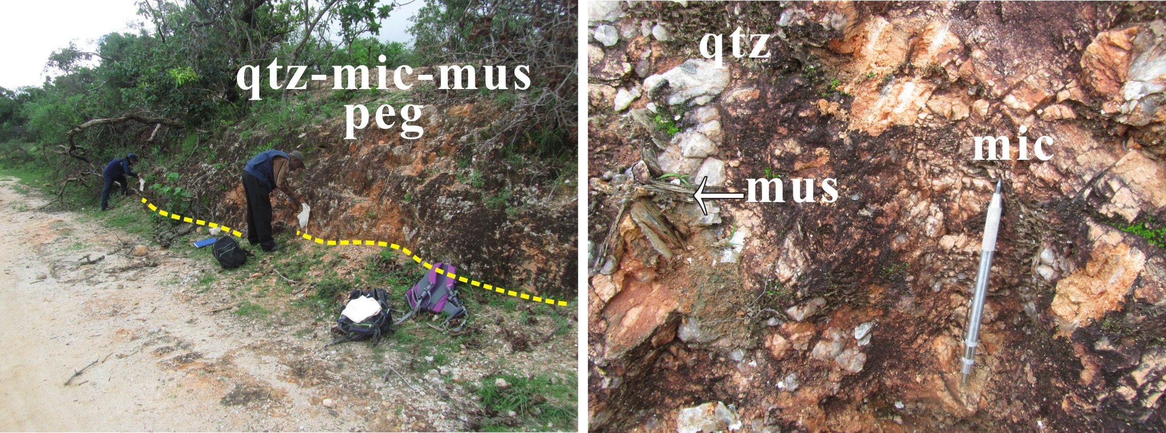Fig. 1-9. The exposed pegmatite II. A. The Kilkele pegmatite II exposed along the road. B. The pegmatite consists of quartz, muscovite, albite, and K-feldspar. Abbreviations: mic=microcline, mus=muscovite, peg=pegmatite, qtz=quartz.