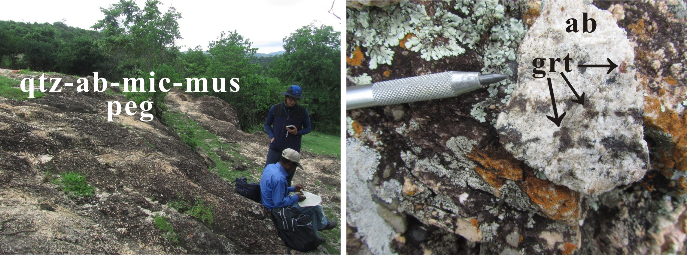 Fig. 1-11. A. The Kilkele pegmatite III is exposed 30 m length and 25 m width. B. The garnet occurs in albite-rich zone.