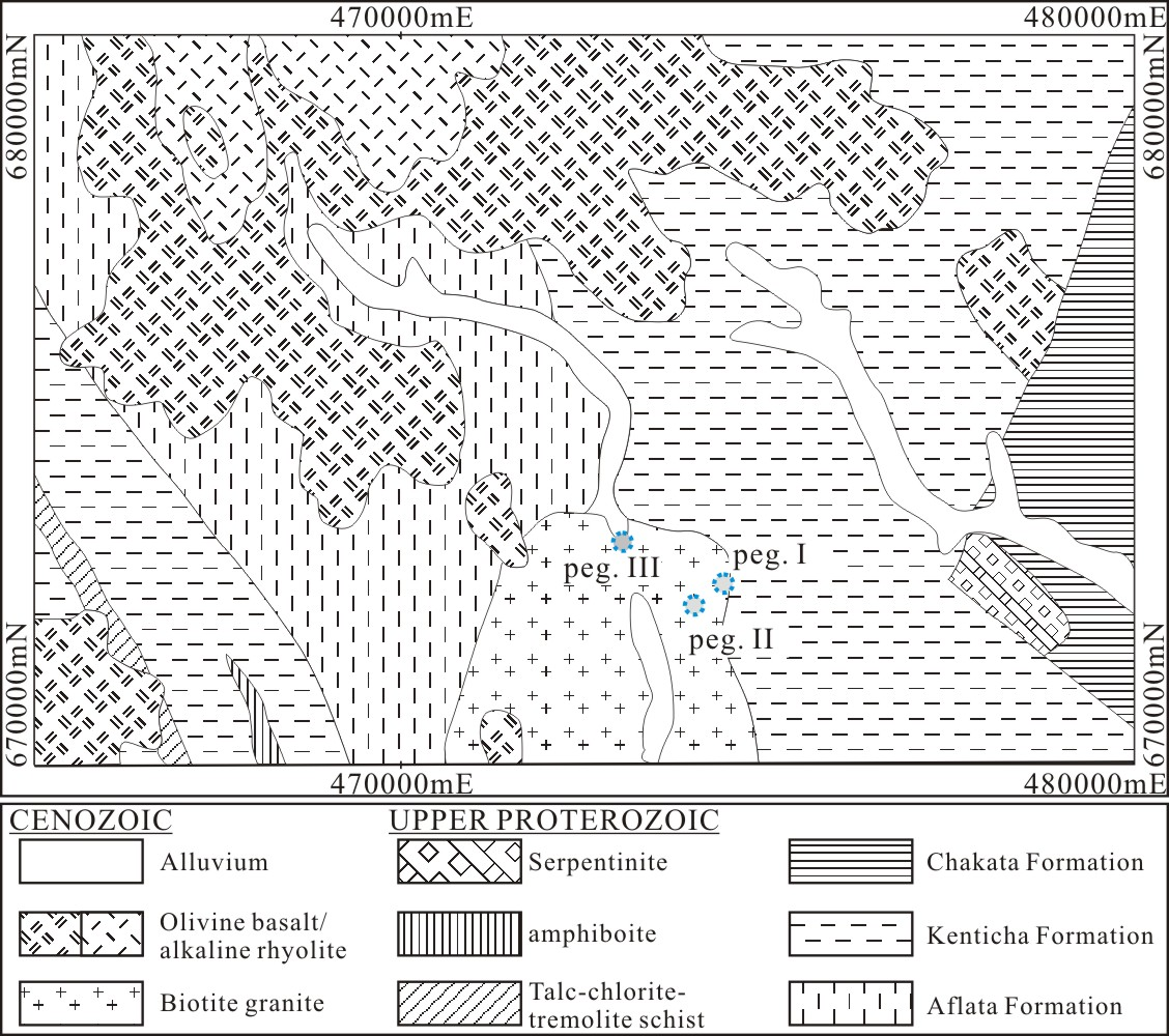 Fig. 1-20. The geologic map showing the geology and location of pegmatite in Bambo-waha area (after Ethiopian Mapping Agency, 1988).