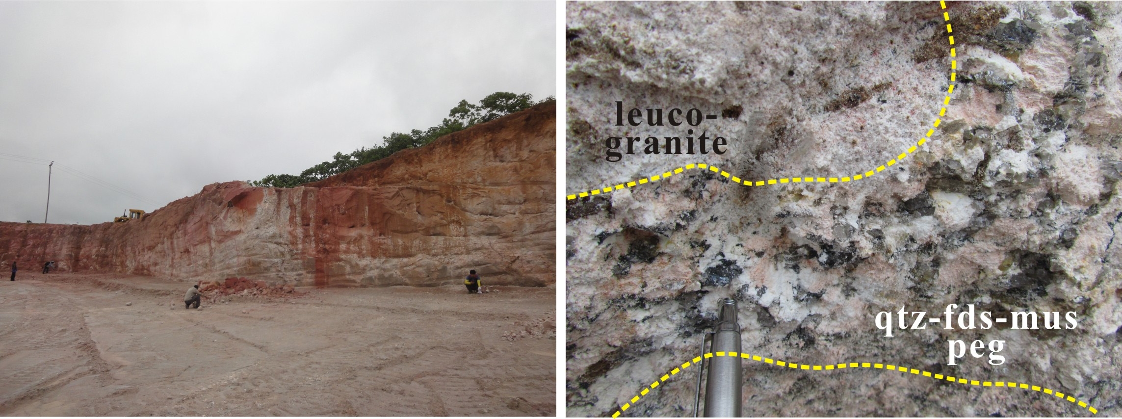 Fig. 1-24. Mining operation at Bambo-waha pegmaitc granite II area. A. The Bambo-waha pegmatitic granite II is mining for kaolinite. B. The quartz-feldspar-muscovite pegmatite occurs in leuco-granite.