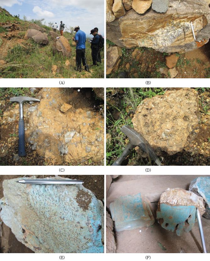 Fig. 1-27. A. The panorama view of the occurrence of pegmatite in Konso area. B-D. The various pegmatites occur in the Konso area. E and F. The graphic texture of amazonitic feldspar with skeletal quartz (E) and large amazonite with association of albite (F).