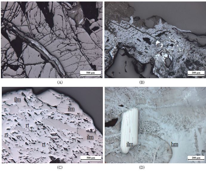 Fig. 1-29. The occurrences of MnFe oxide minerals and ilmenite. A and B. The MnFe-oxide minerals from the Bupo pegmatite IV. C. The exsolution texture between rutile and ilmenite from the Bambo-waha pegmatite III. D. The occurrence of ilmenite from the Bambo-waha pegmatite.