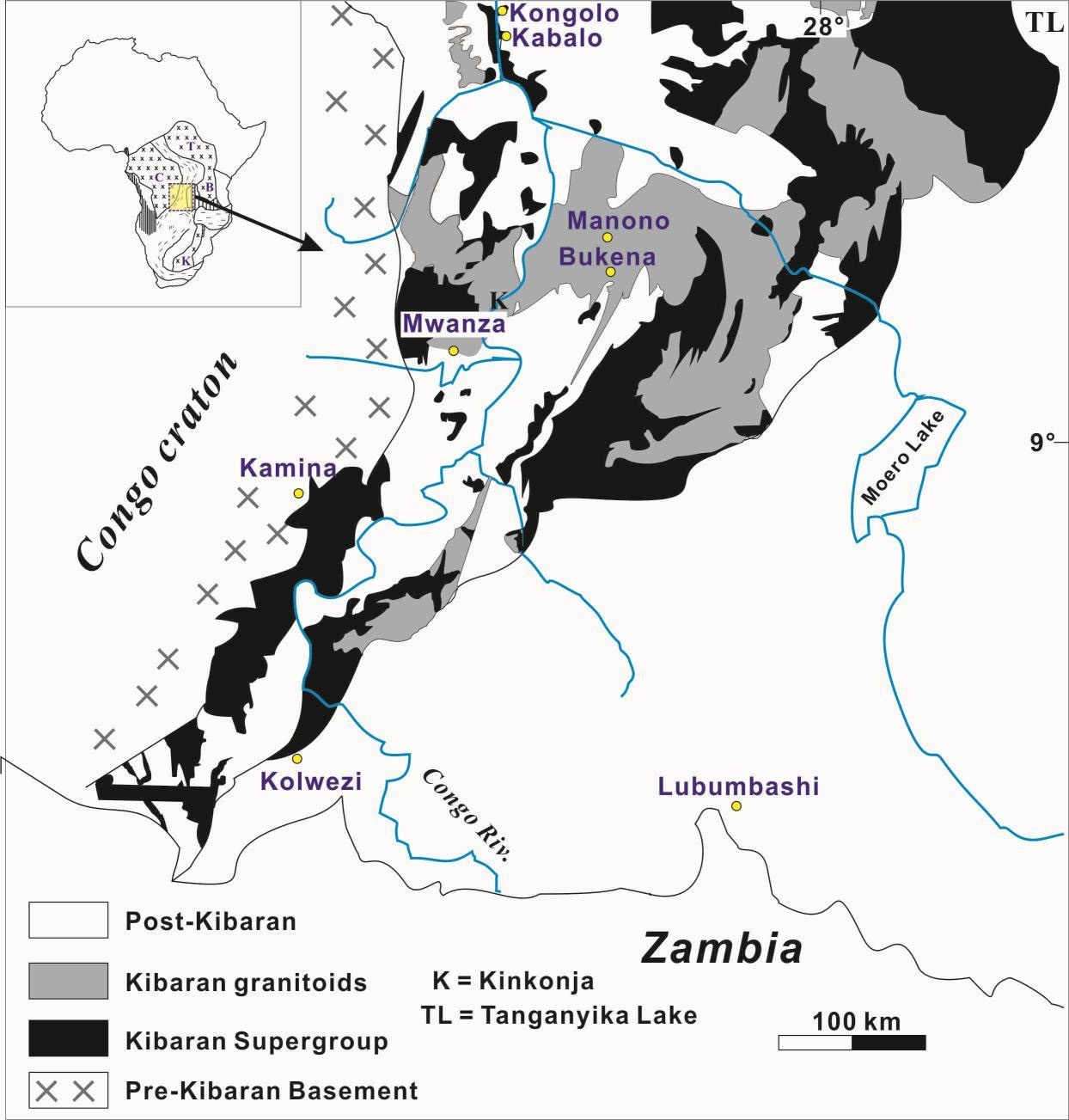 Fig. 2-3. Precambrian igneous rocks of the Kibaran belt. C = Congo craton, B = Bangweulu block, BT = Buganda-Toro, K = Kalahari craton, T = Tanzania craton (from Kokonyangi et al., 2006).