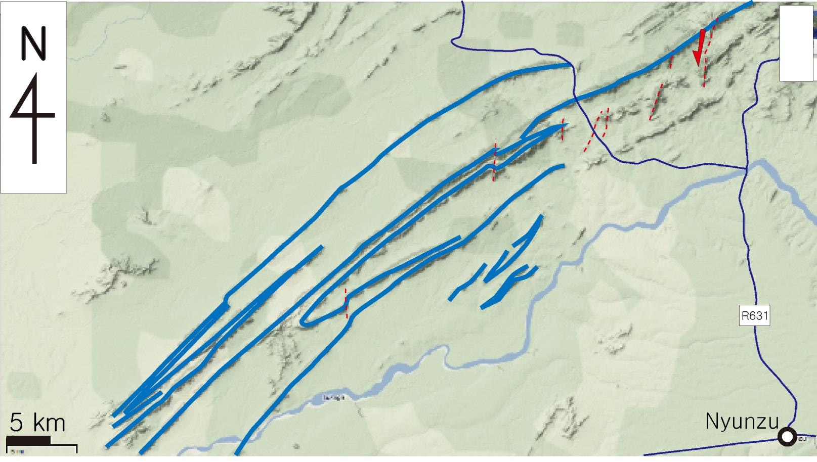 Fig. 2-9. NE-SW trending fold belt developed in the southeastern part of the Congolo, DR Congo (from Google image). 1st stage: NE-SW trending isoclinal folds and sheath folds. 2nd stage: N-S trending sinistral faults with intrusion of dykes, locally dextral N-S kink fold, and a NW-SE compression.