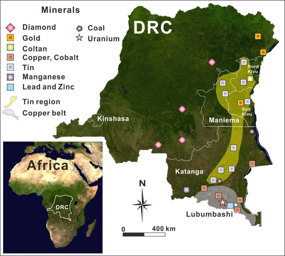Fig. 2-11. Simplified satellite image showing the distribution of mineral resources in the DR Congo (modified from CRGM data).