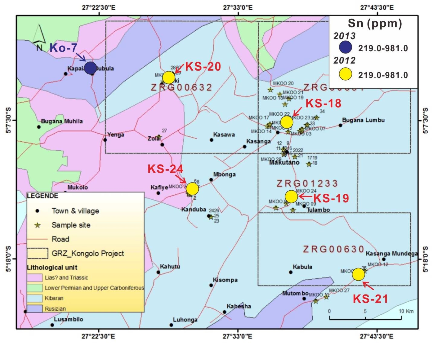 Fig. 2-19. Geochemical anomaly map of Stream sediment sampling results for Sn from Kongolo.