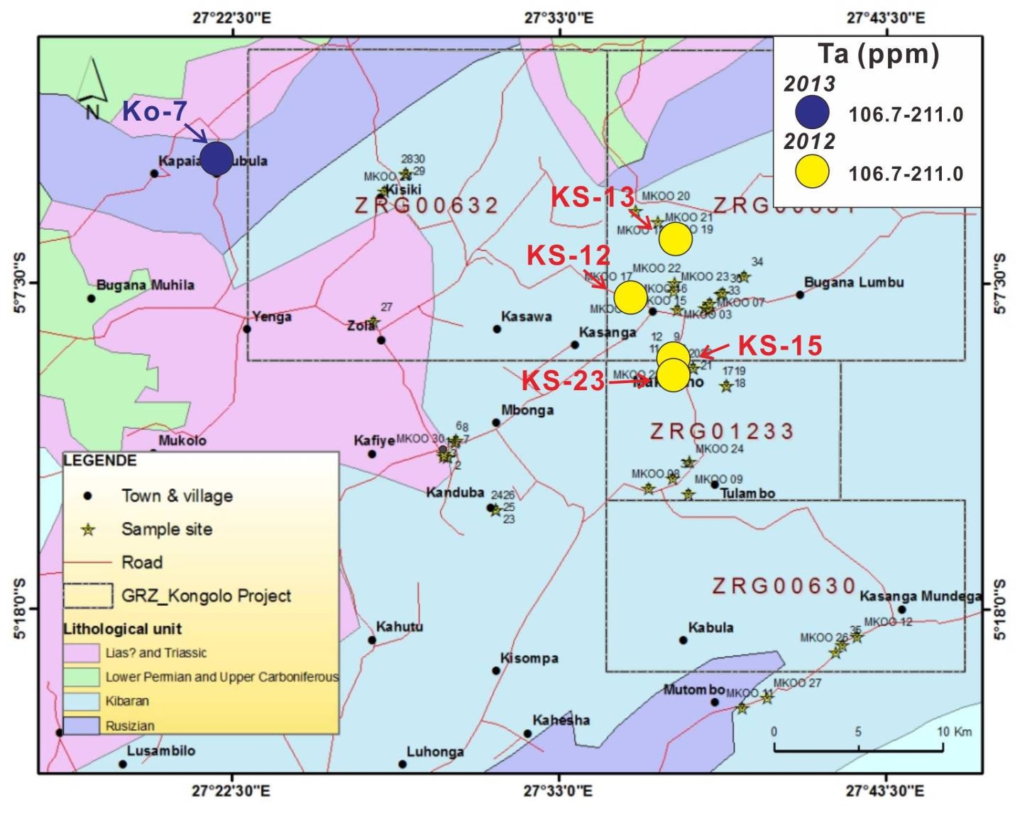 Fig. 2-21. Geochemical anomaly map of Stream sediment sampling results for Ta from Kongolo.