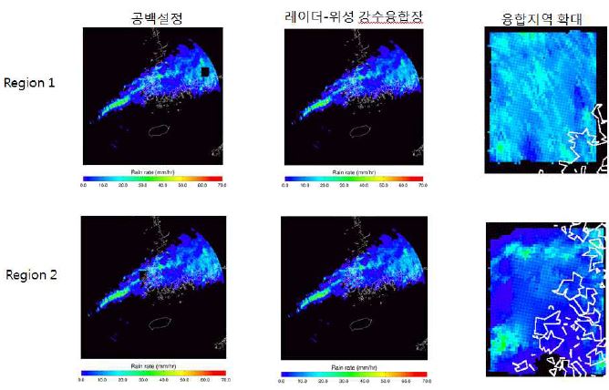 그림 2.2.12. 2011년 7월 9일 21:00 강수사례에서 레이더 공백지역에 대하여 최적 가중치 융합(레이더 자료 이용) 방법으로 레이더-위성 강수 융합장 산출결과