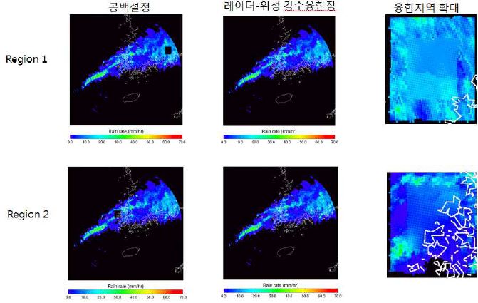 그림 2.2.13. 2011년 7월 9일 21:00 강수사례에서 레이더 공백지역에 대하여 최적 가중치 융합(AWS자료 이용) 방법으로 레이더-위성 강수 융합장 산출결과