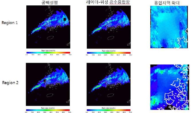 그림 2.2.14. 2011년 7월 9일 21:00 강수사례에서 레이더 공백지역에 대하여 동등 가중치 융합방법으로 레이더-위성 강수 융합장 산출결과