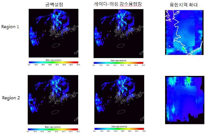 그림 2.2.16. 2011년 7월 10일 12:00 강수사례에서 레이더 공백지역에 대하여 동등 가중 치 융합방법으로 레이더-위성 강수 융합장 산출결과